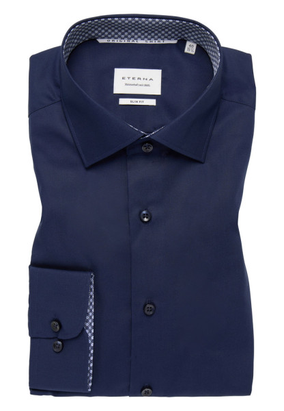 Eterna overhemd SLIM FIT UNI POPELINE donkerblauw met Kentkraag in smalle snit