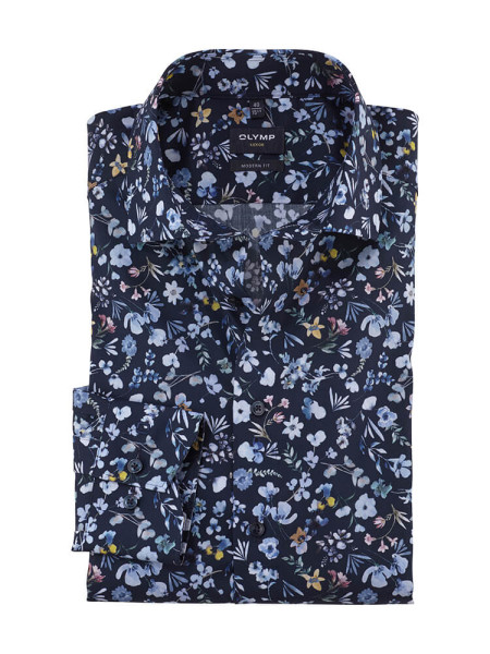 Olymp overhemd LUXOR modern fit PRINT donkerblauw met Global Kent-kraag in moderne snit